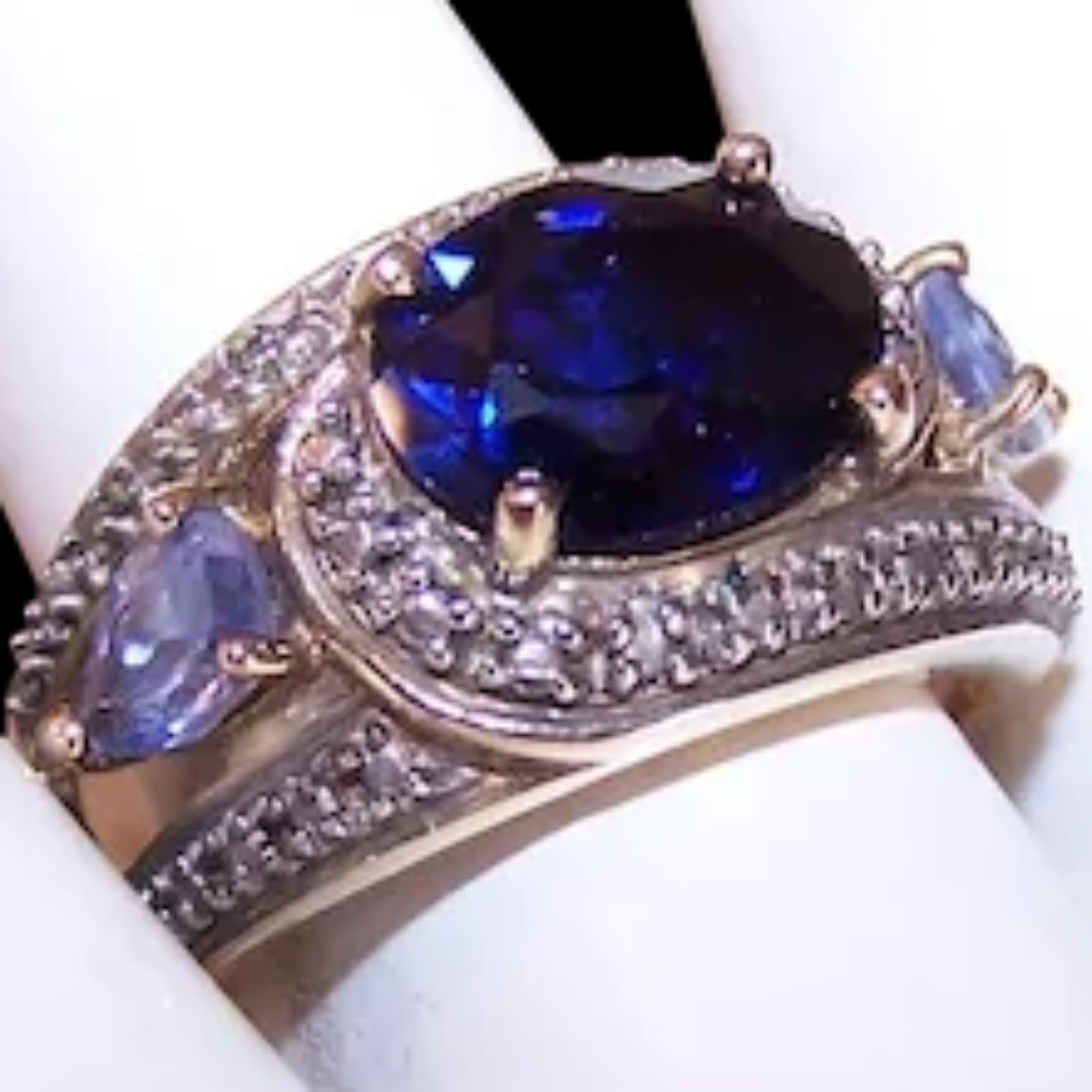 Ross Simons Sterling Silver Blue Sapphire Tanzanite Cocktail Ring - Size 7.75